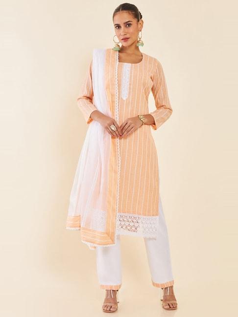 soch peach cotton striped unstitched dress material