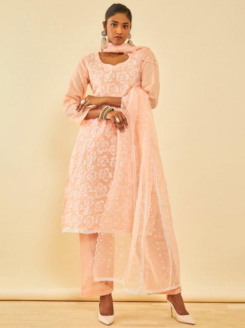 soch peach kota embroidered unstitch dress material with thread work