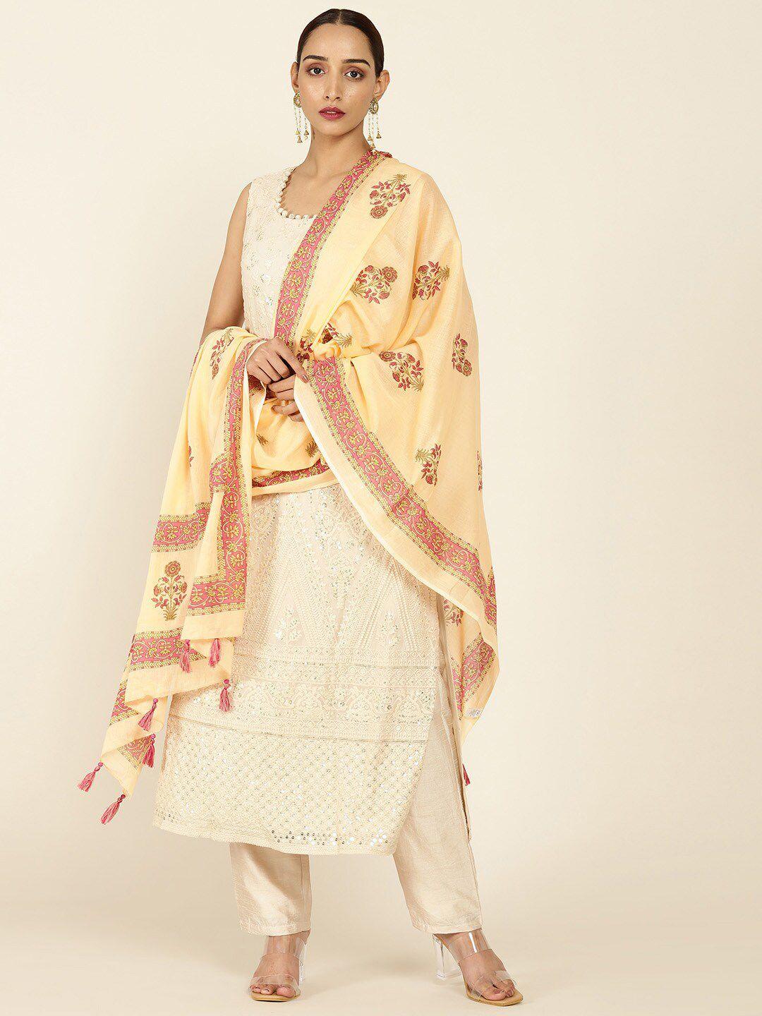 soch peach-coloured & cream-coloured printed pure cotton dupatta