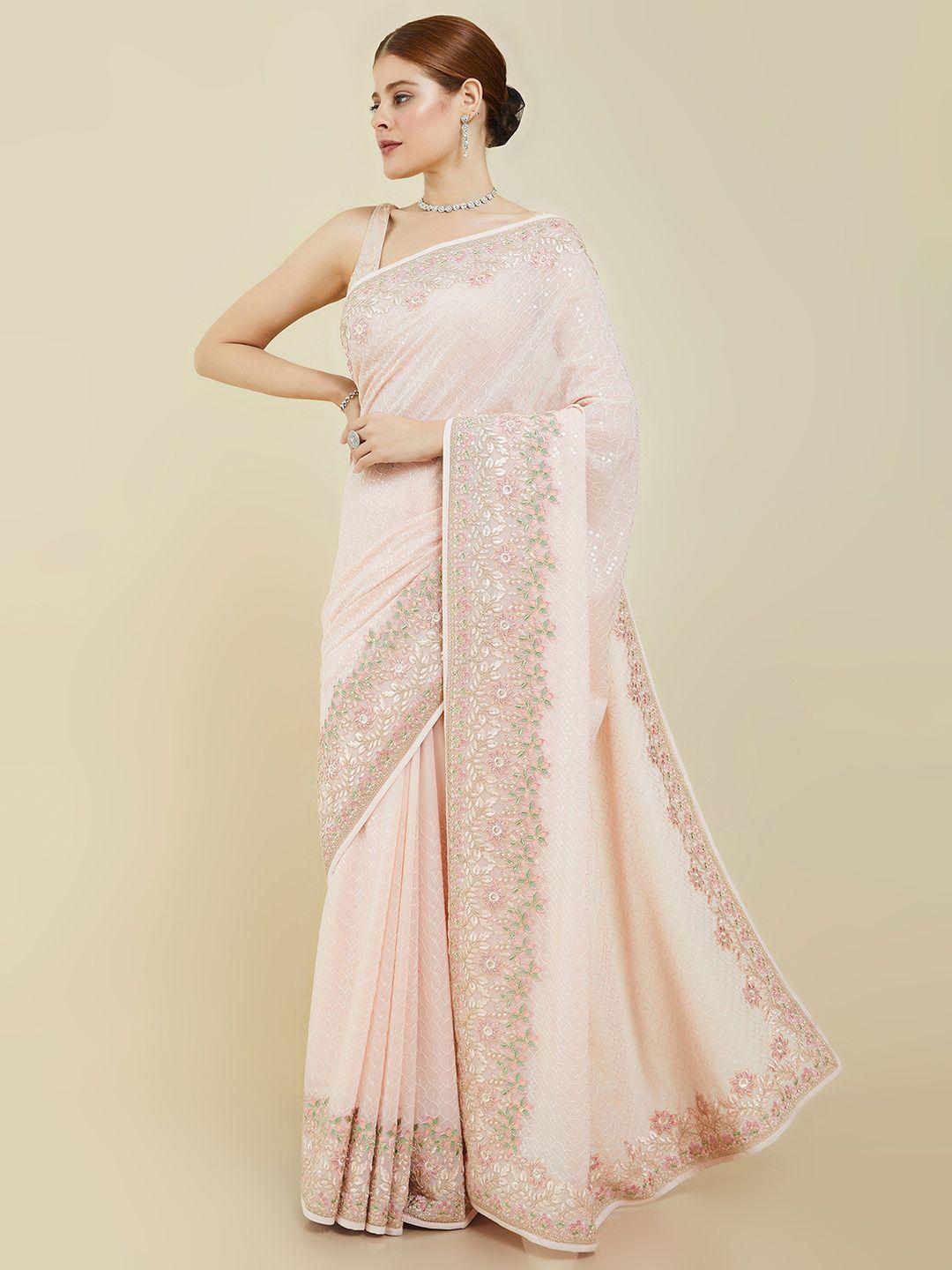 soch peach-coloured & green floral sequinned pure georgette saree
