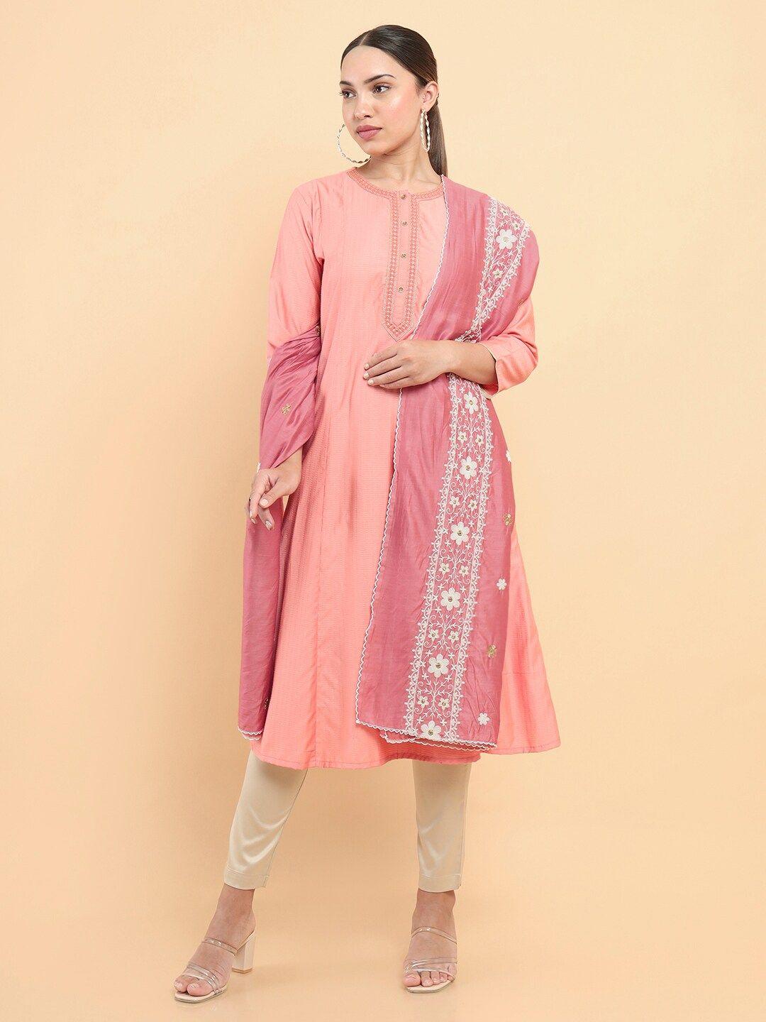 soch pink & white embroidered floral printed dupatta