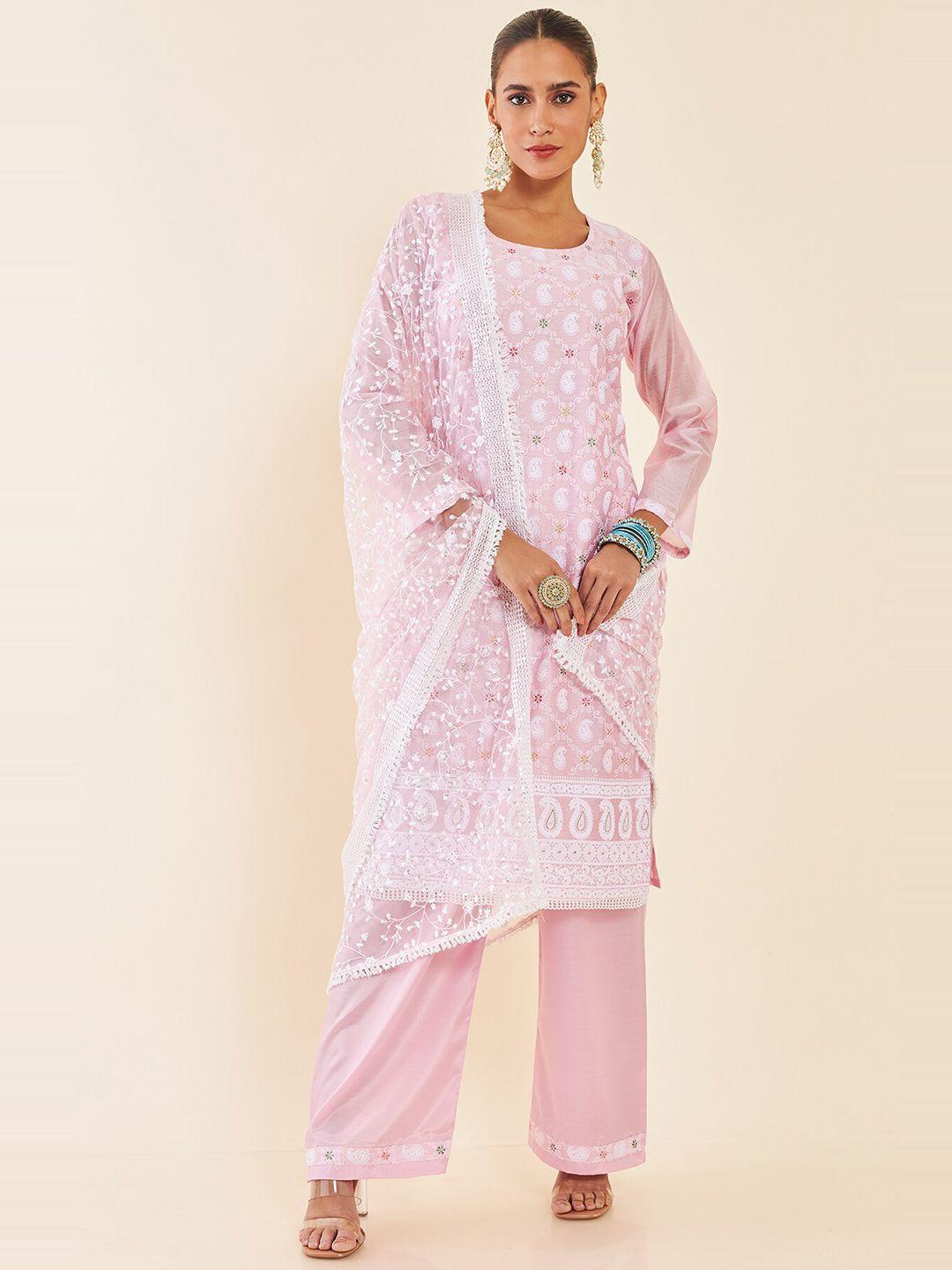 soch pink & white paisley sequinned embroidered unstitched dress material