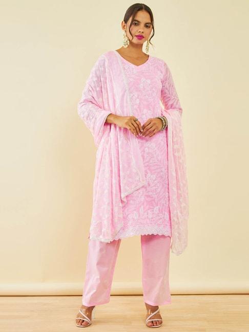 soch pink cotton embroidered unstitched dress material