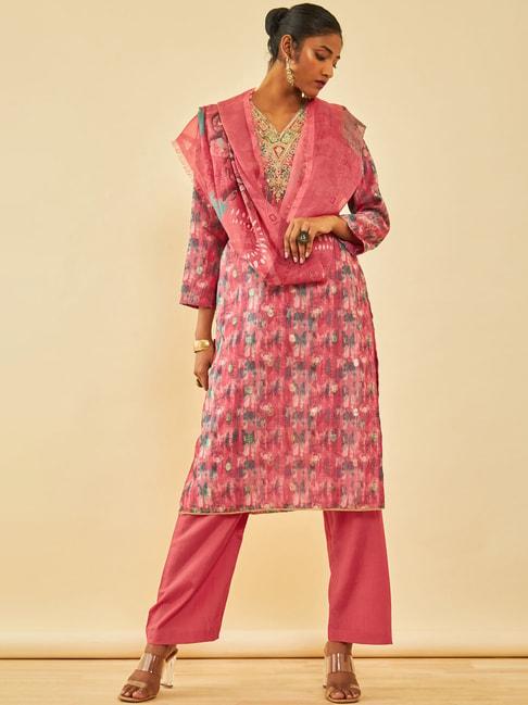soch pink organza abstract printed unstitch dress material with zardosi details