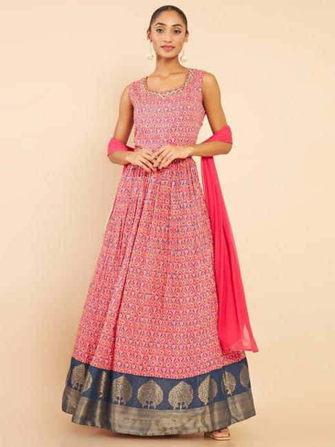 soch pink printed maxi dress with dupatta