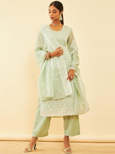 soch pista green embroidered unstitched dress material