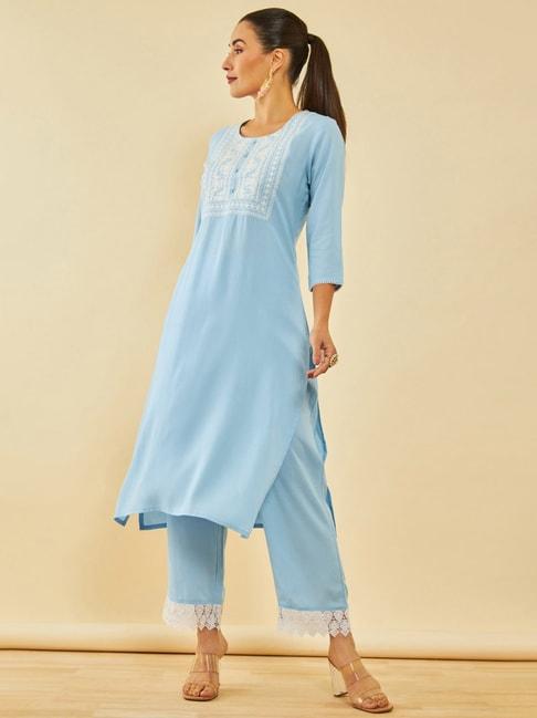 soch powder blue rayon yoke design embroidered kurta set