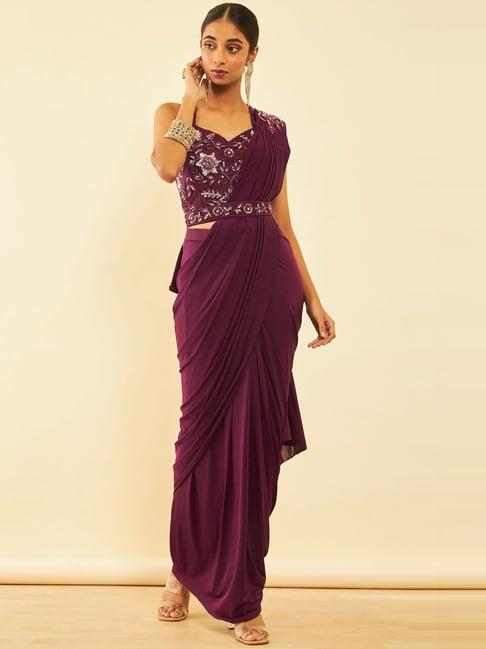 soch purple embellished ready to wear saree with blouse & belt