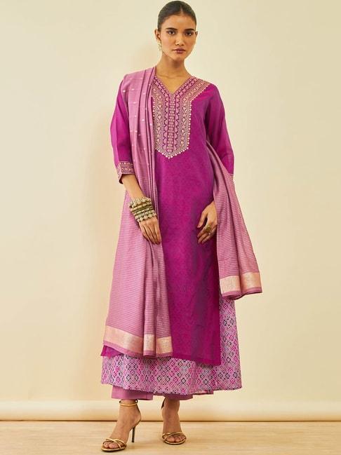 soch purple embroidered kurta pant set with dupatta