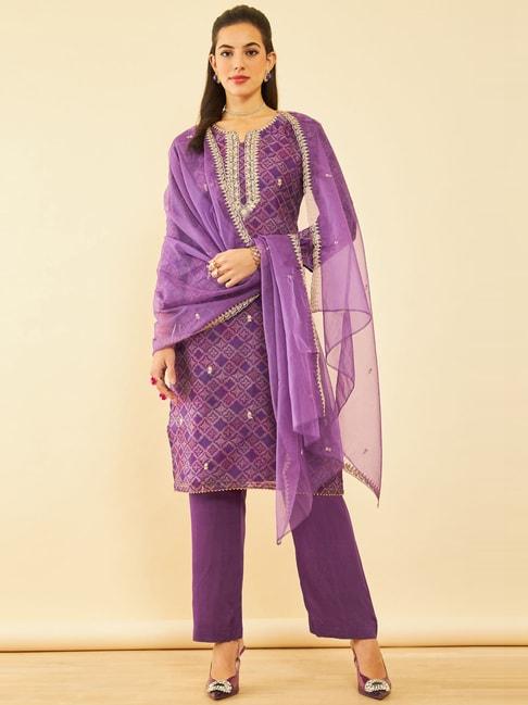 soch purple embroidered unstitched dress material