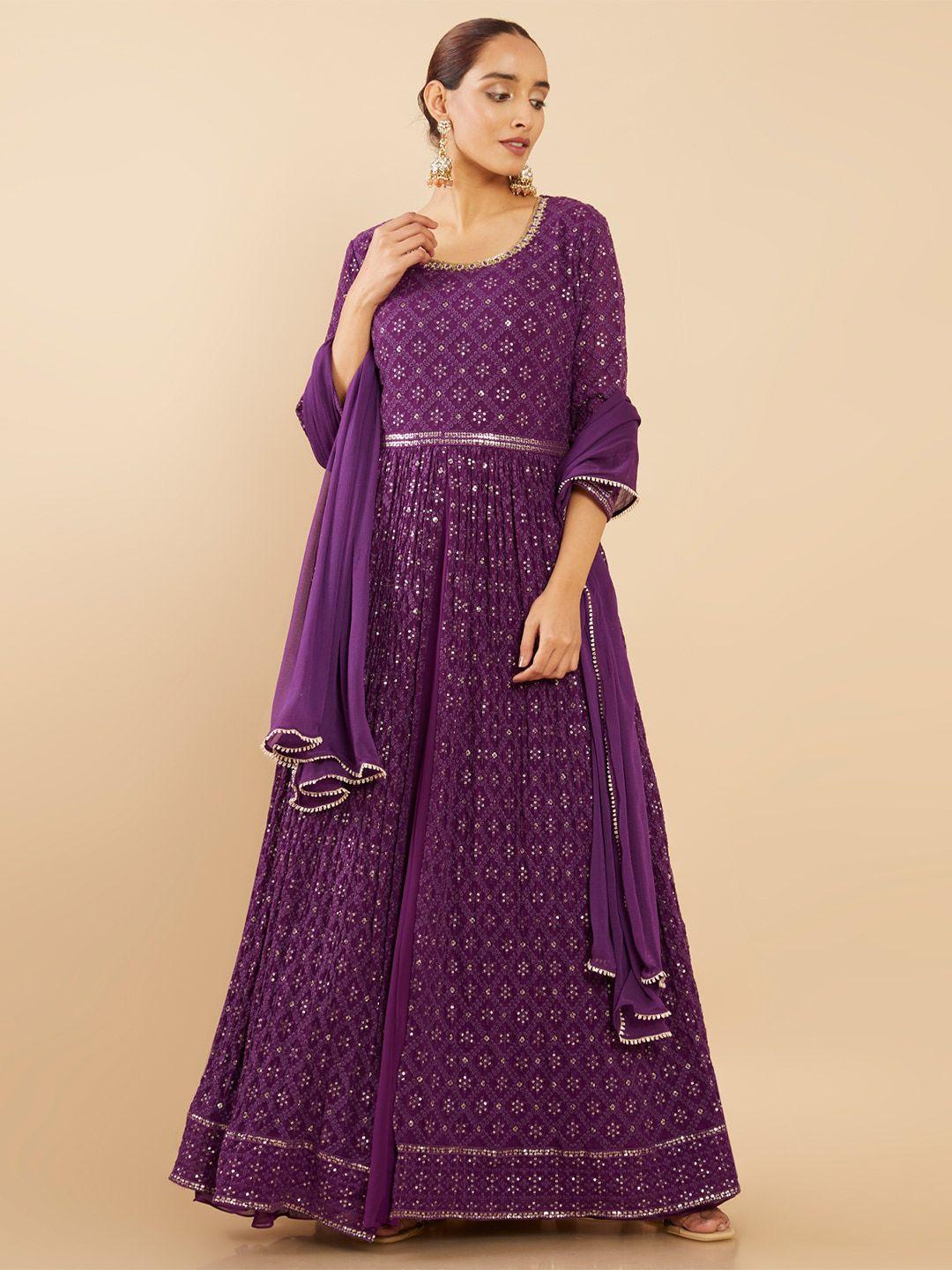 soch purple ethnic motifs georgette ethnic maxi dress with pant & dupatta