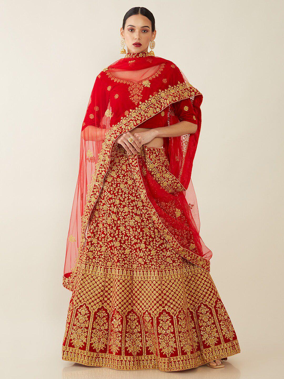 soch red & golden embroidered unstitched lehenga & blouse with dupatta
