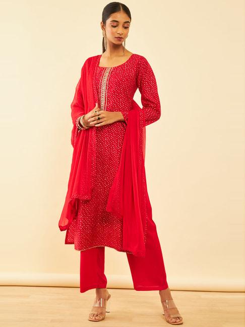 soch red embroidered unstitched dress material