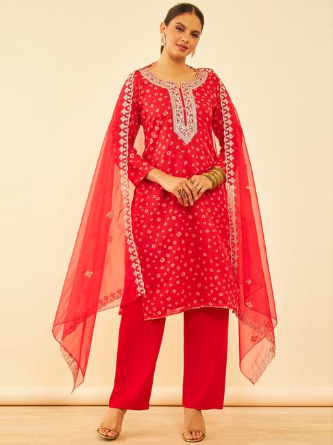 soch red embroidered unstitched dress material