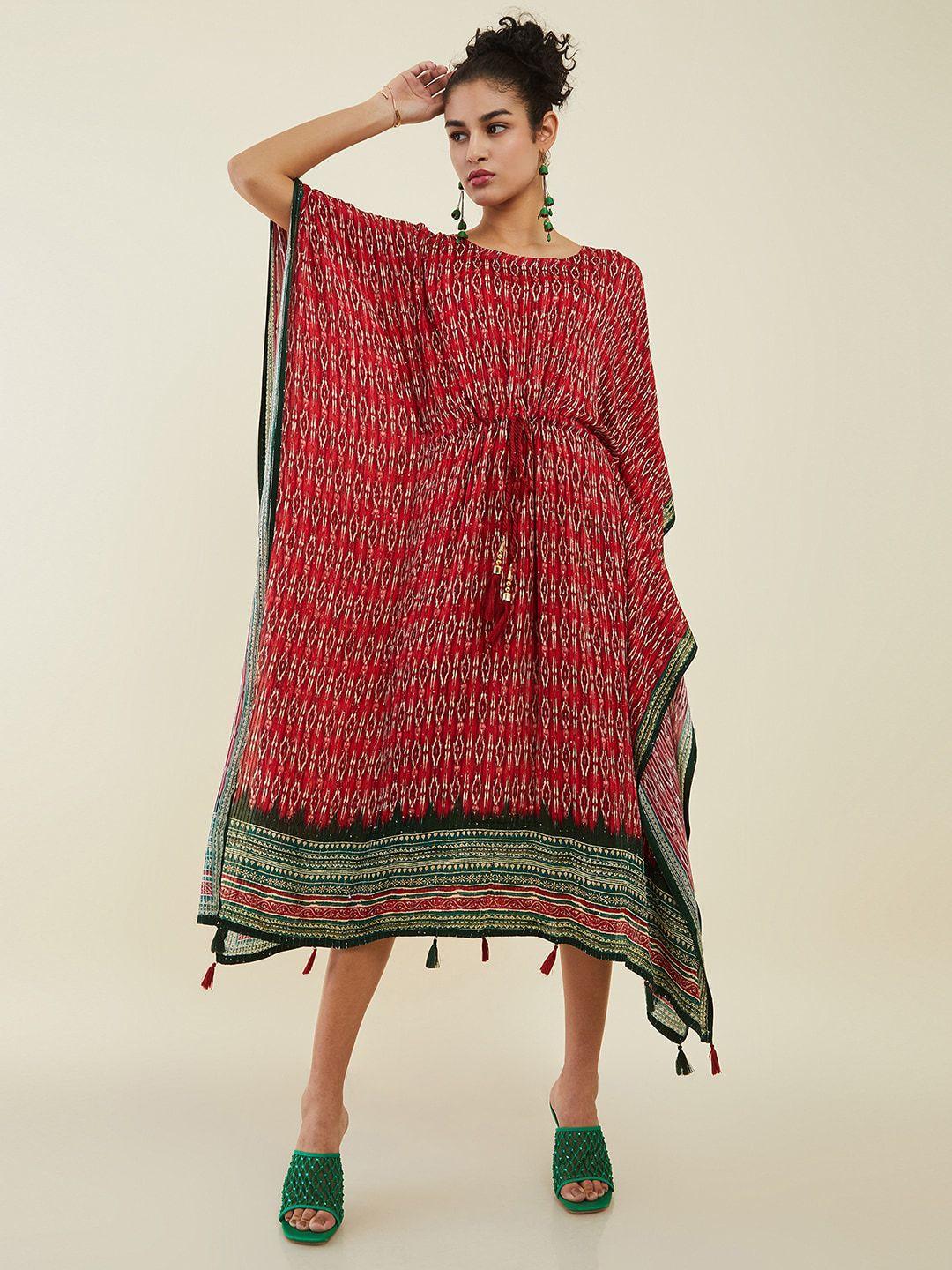 soch red ethnic motifs print kaftan midi dress