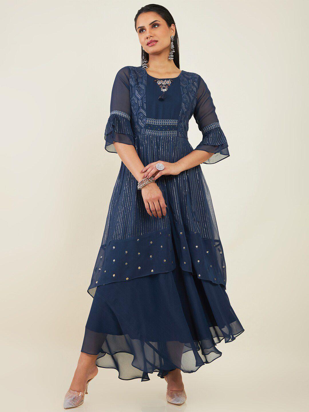 soch round neck embellished georgette maxi fit and flare ethnic dress