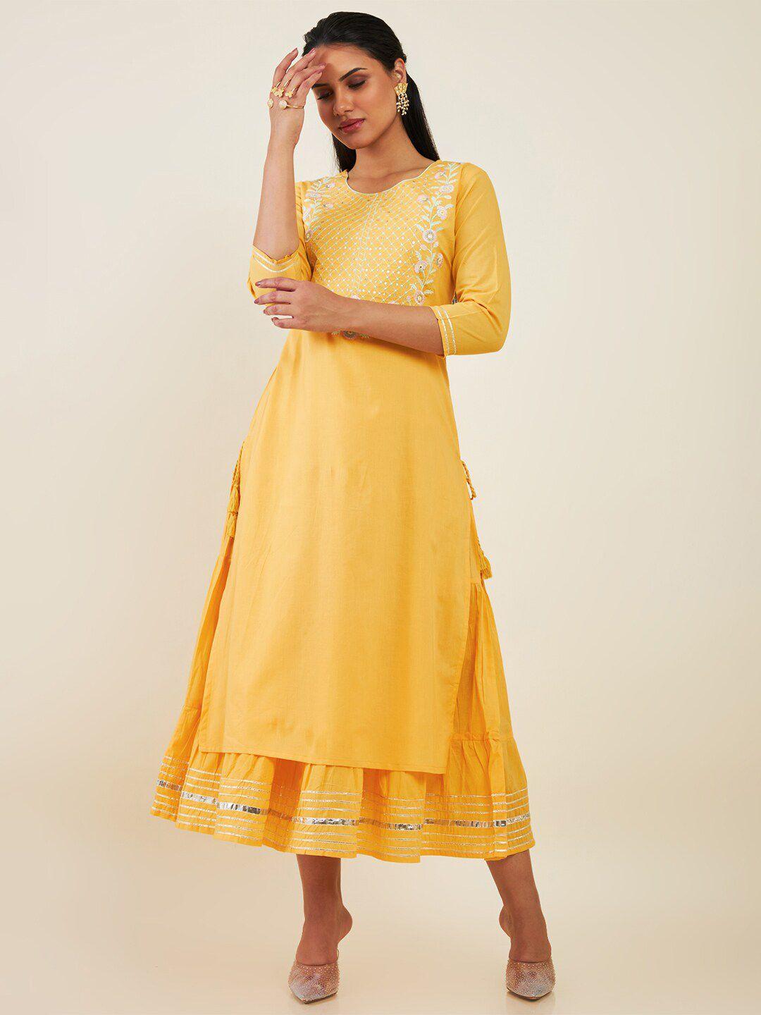 soch round neck floral embroidered cotton fit and flare ethnic dress