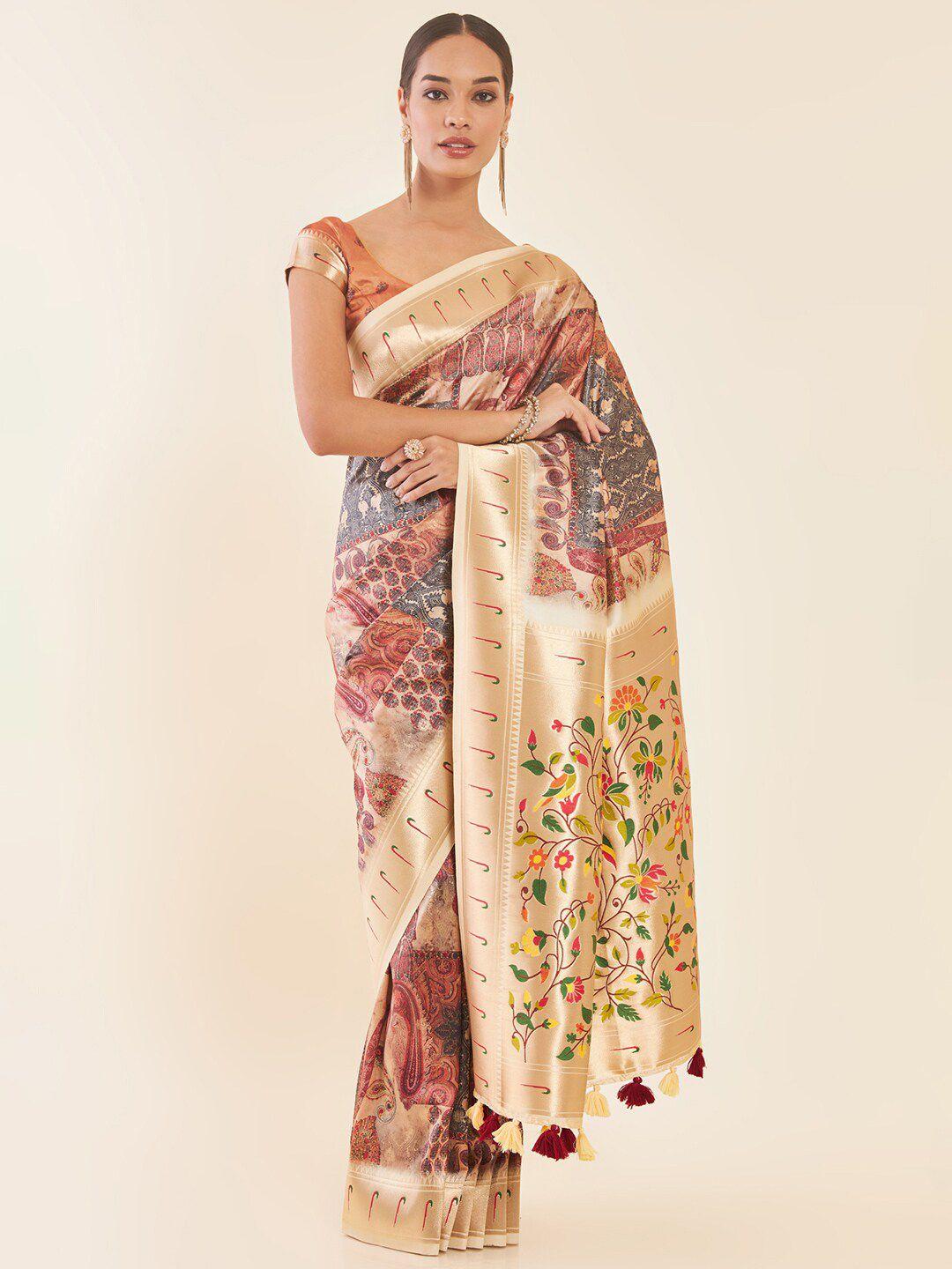 soch rust & beige ethnic motifs printed zari tussar saree