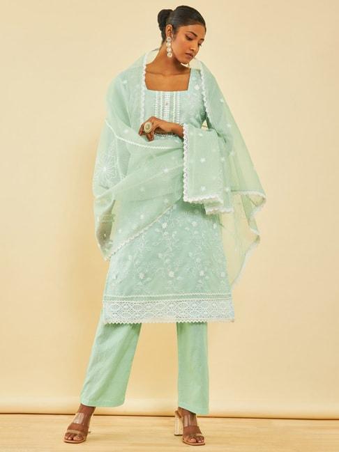 soch sap green kota embroidered unstitch dress material with lace details