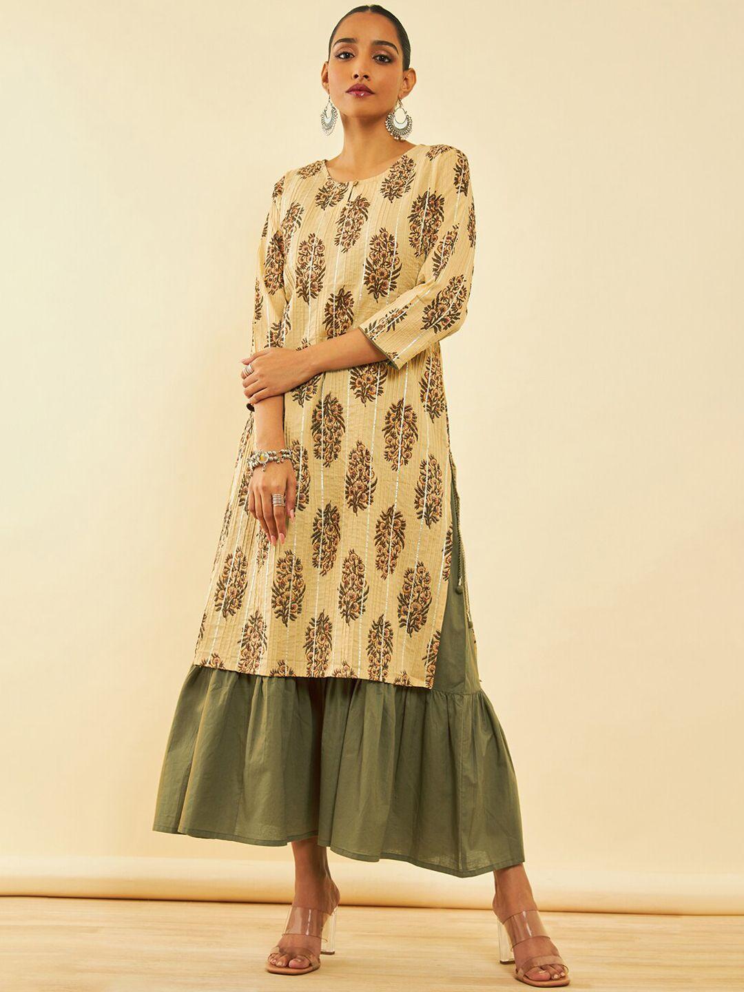 soch sleeveless cotton fit and flare midi ethnic dress with printed kurta