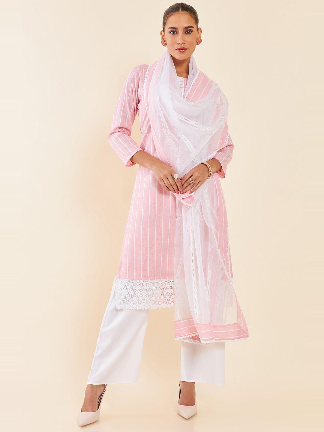 soch striped and embellished pure cotton unstitched dress material