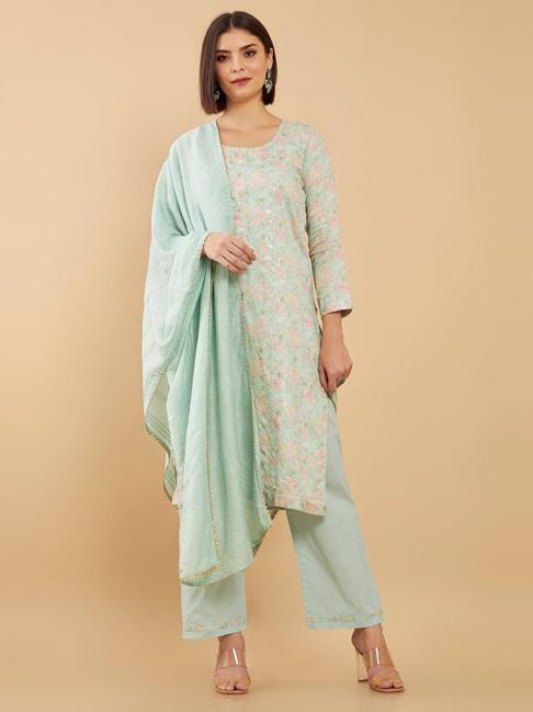 soch teal blue cotton embroidered unstitched dress material