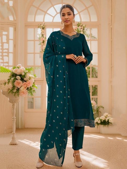 soch teal blue embellished kurta pant set with dupatta
