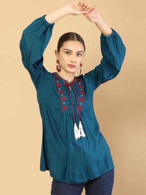 soch-teal-blue-embroidered-tunic