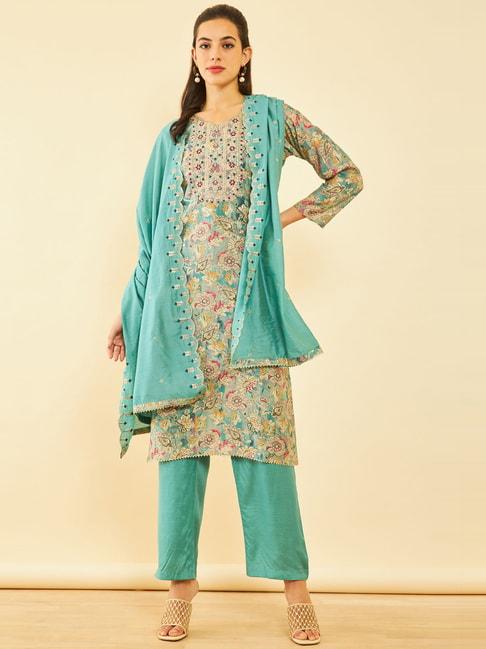 soch teal green embroidered unstitched dress material