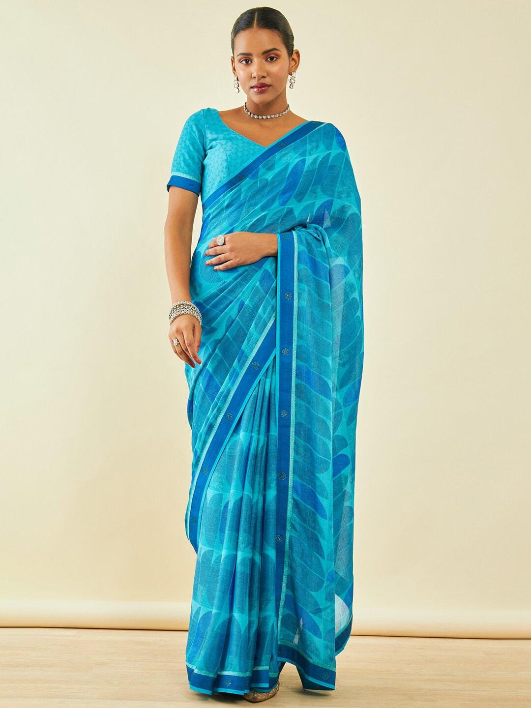 soch turquoise blue beads and stones poly chiffon saree