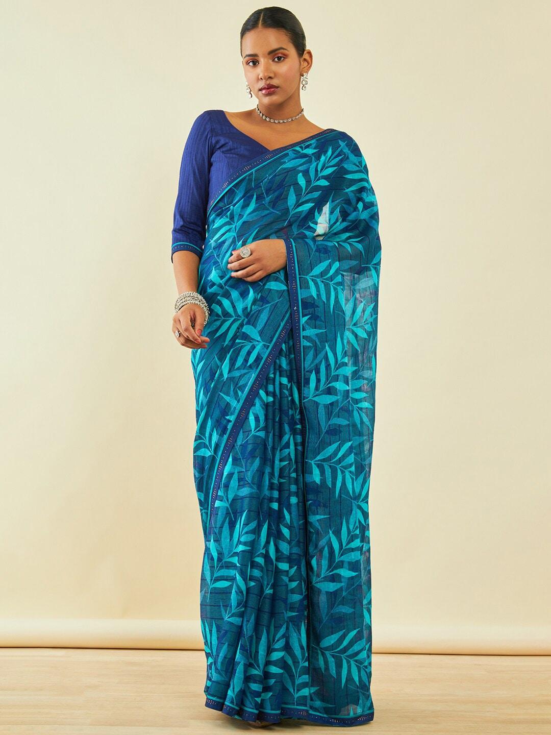 soch turquoise blue floral beads and stones poly chiffon saree