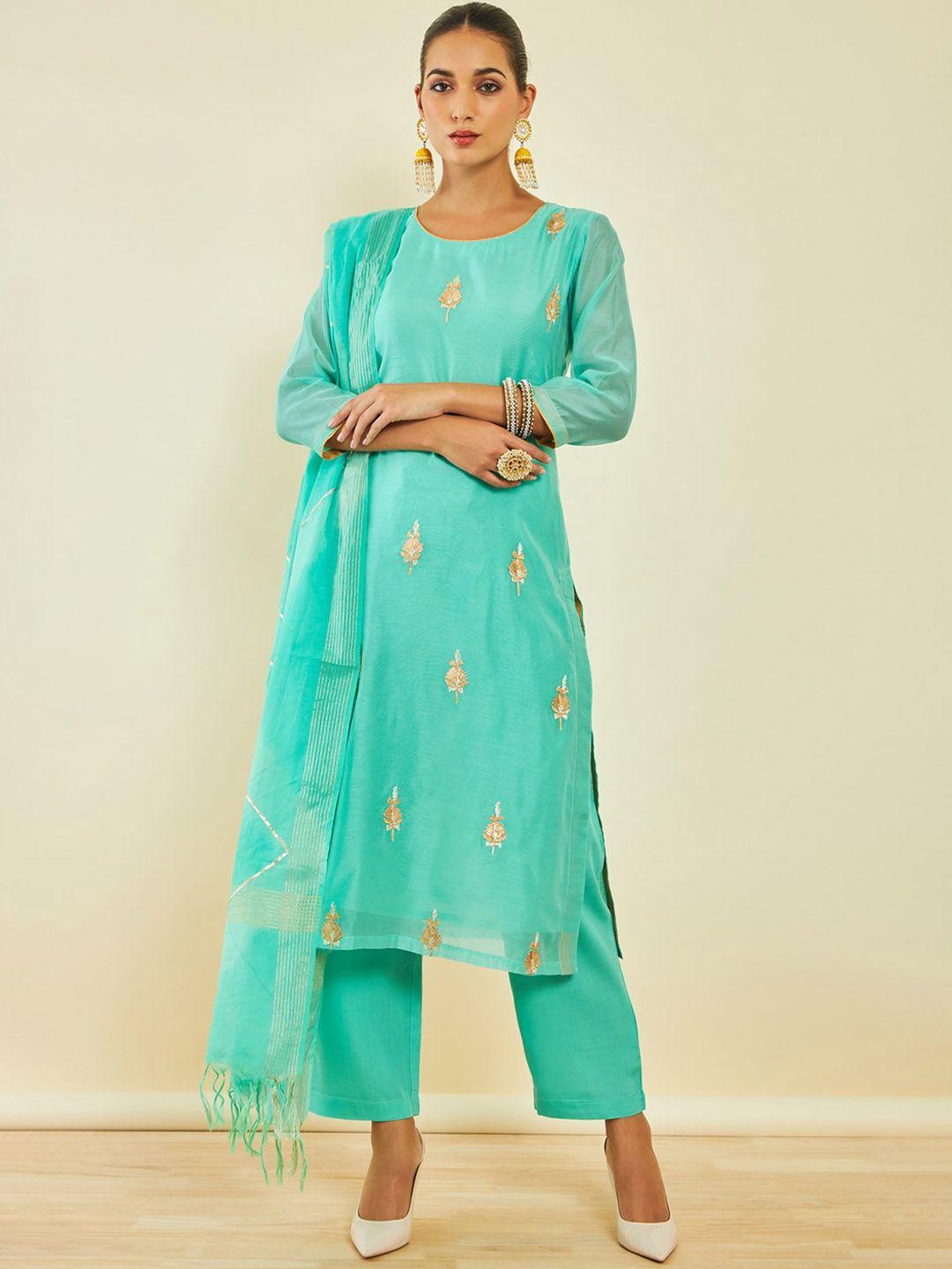 soch turquoise blue floral embroidered gotta patti straight kurta & trousers with dupatta