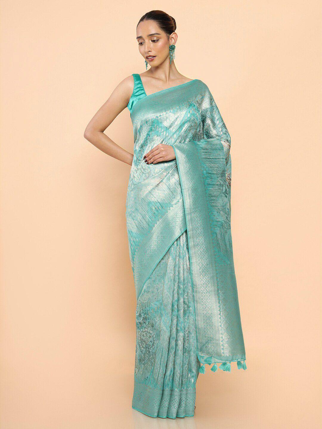 soch turquoise woven design zari silk blend saree