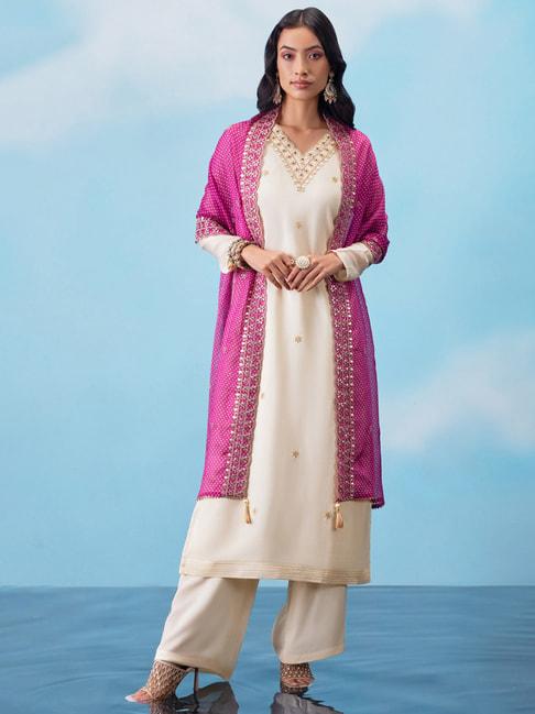 soch white & pink embroidered unstitched dress material