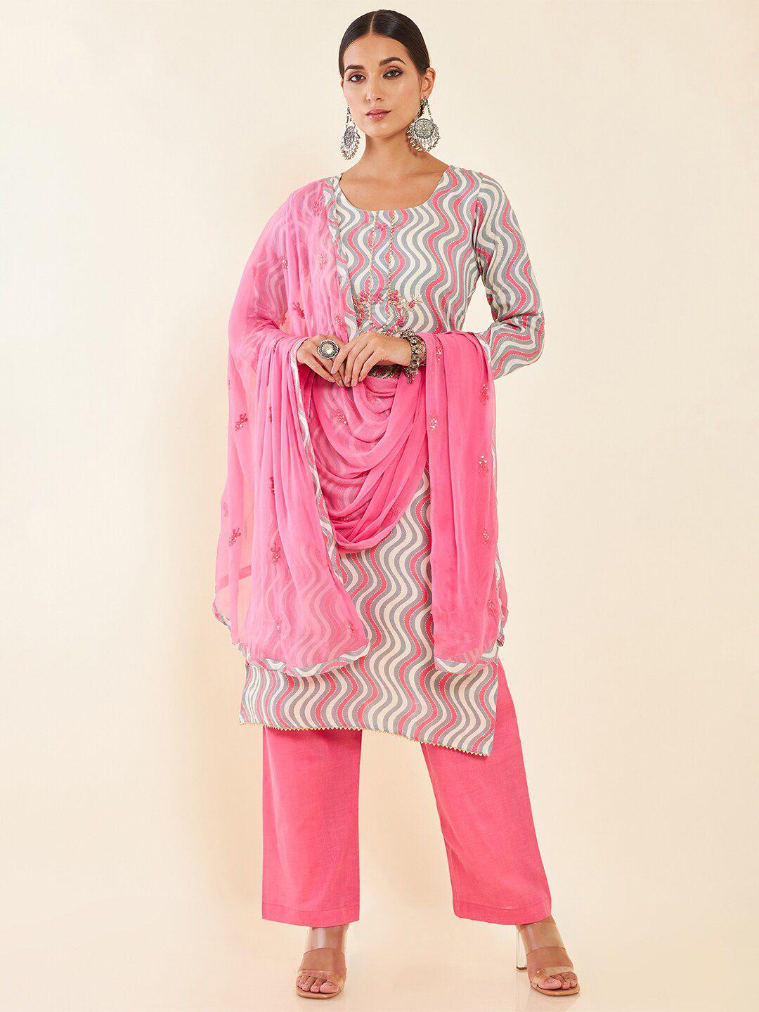 soch white & pink printed gotta patti pure cotton unstitched dress material