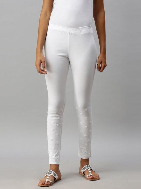 soch white cotton embroidered leggings