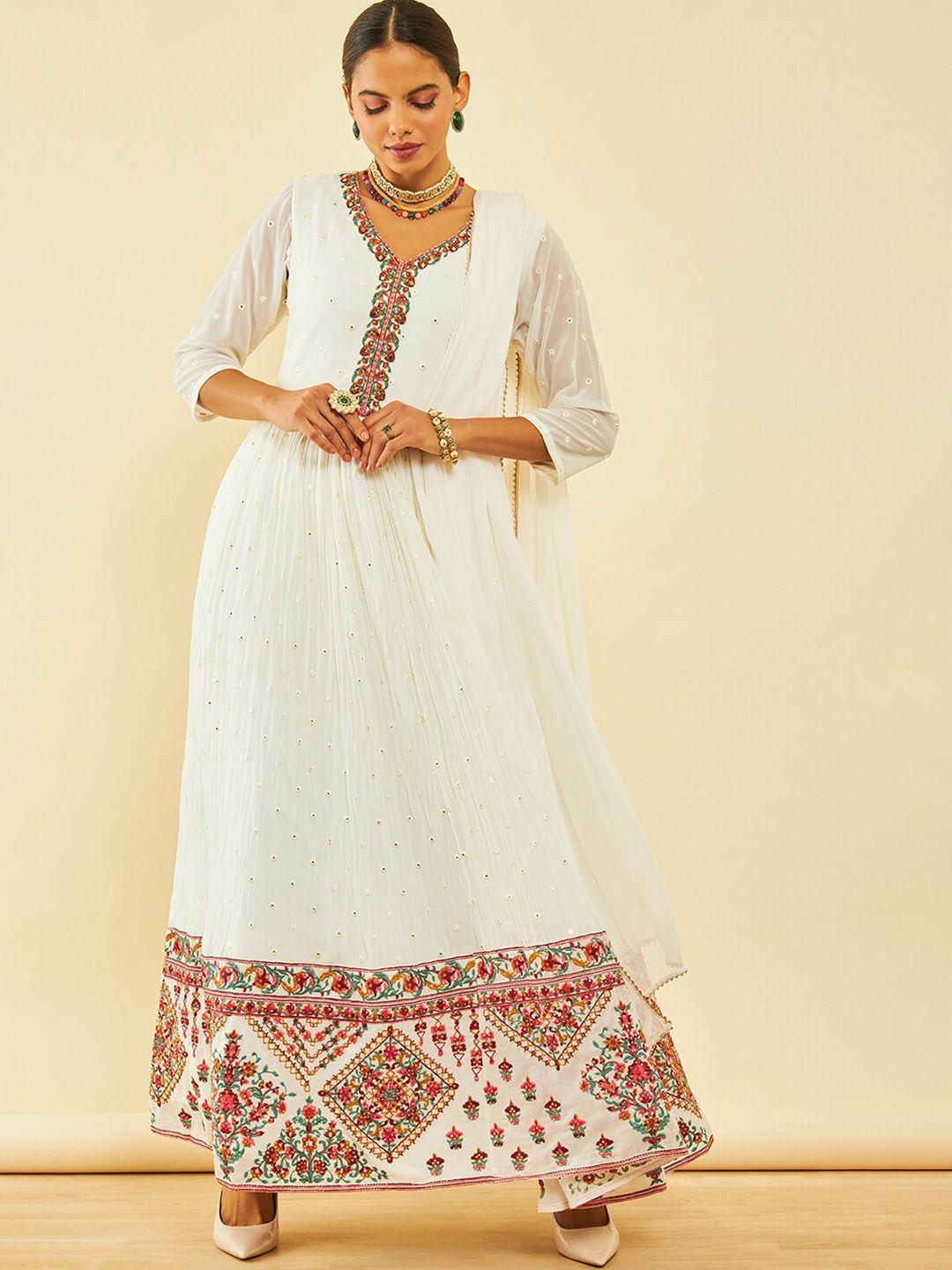 soch white geometric embroidered georgette anarkali kurta & churidar with dupatta