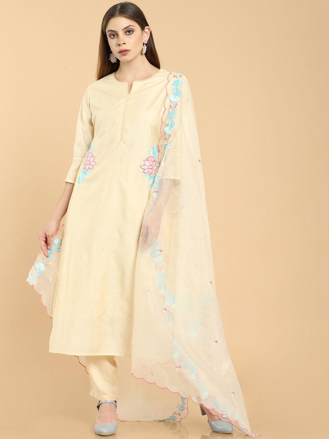 soch women beige & blue floral embroidered chanderi kurta with trousers & with dupatta