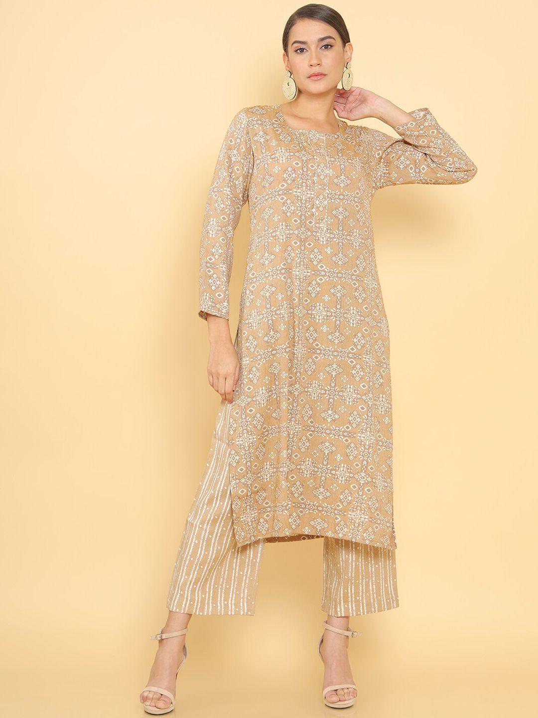 soch women beige ethnic motifs printed kurta with trousers