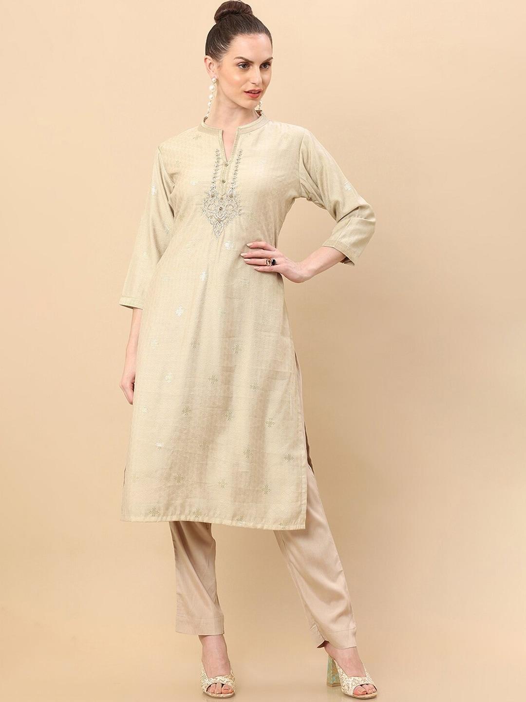 soch women beige floral embroidered chanderi silk kurta with trouser