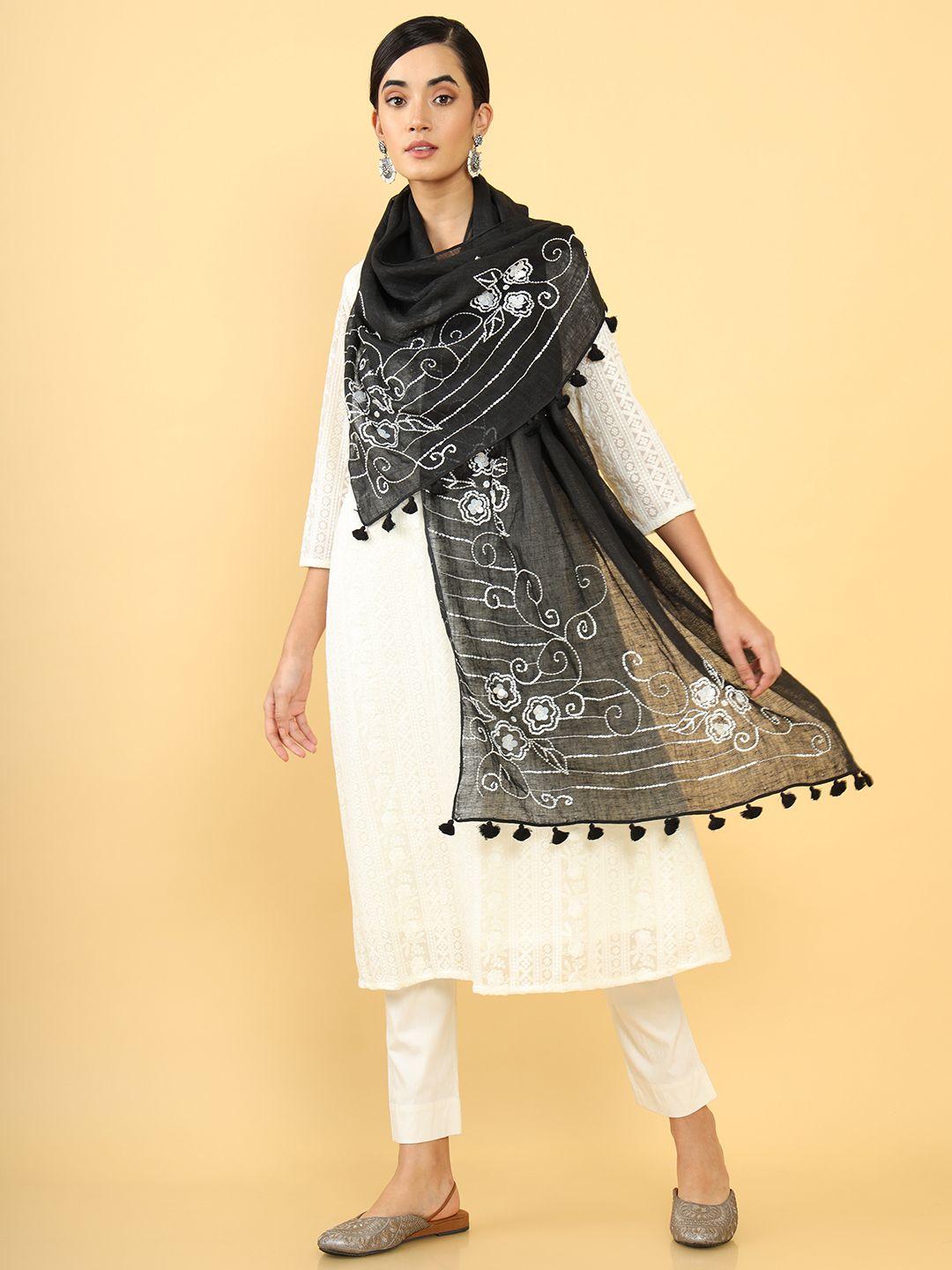 soch women black & white embroidered linen dupatta