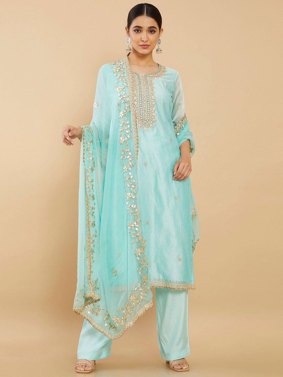 soch women blue & gold embroidered pure silk unstitched dress material