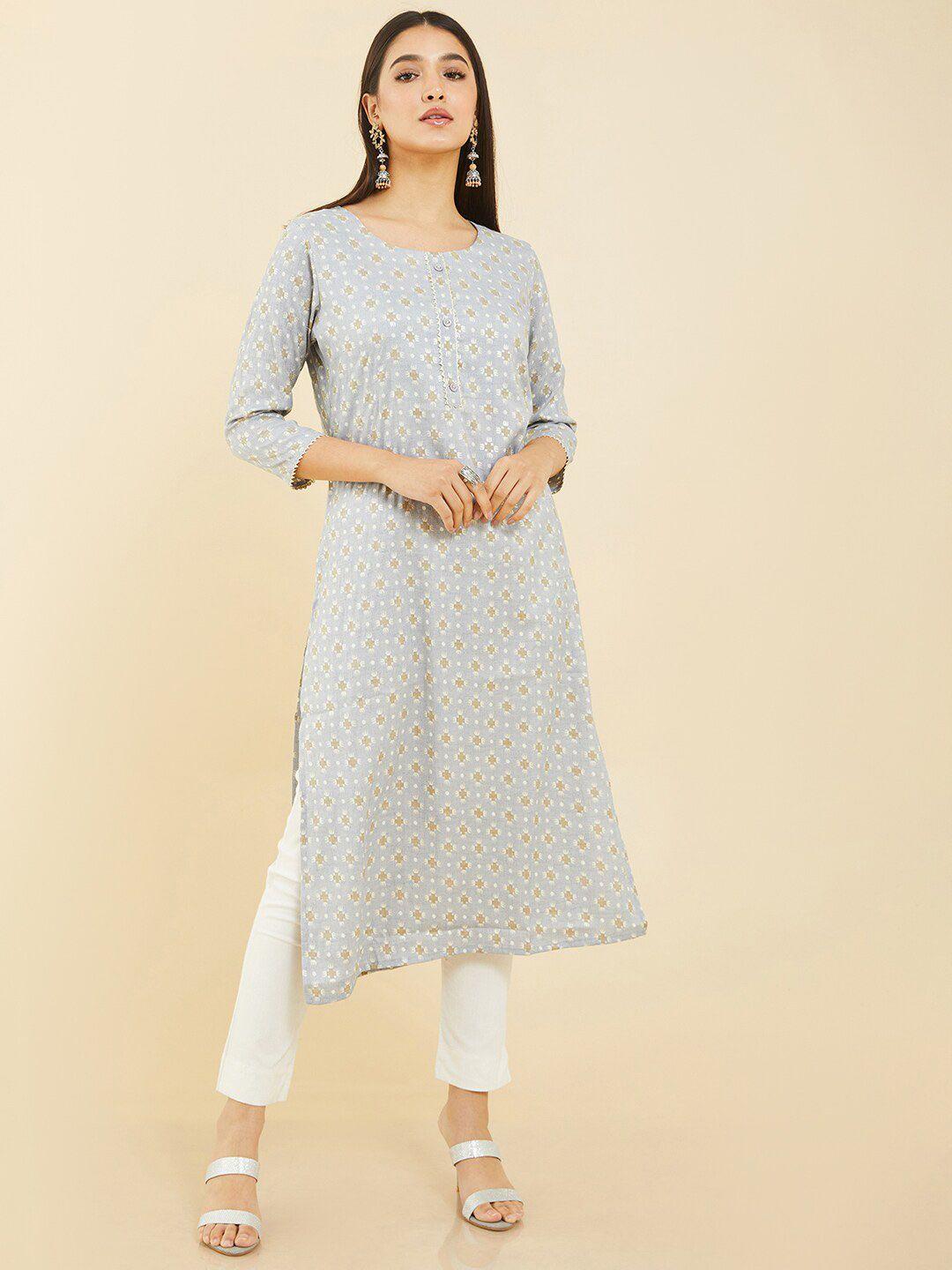 soch women blue & white geometric printed kurta