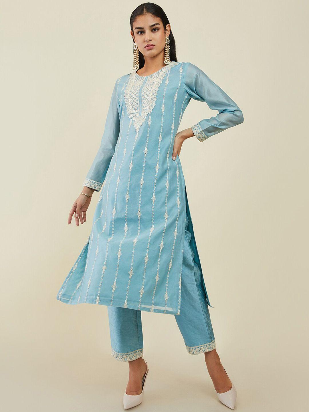 soch women blue ethnic motifs embroidered thread work chanderi silk kurta with trousers
