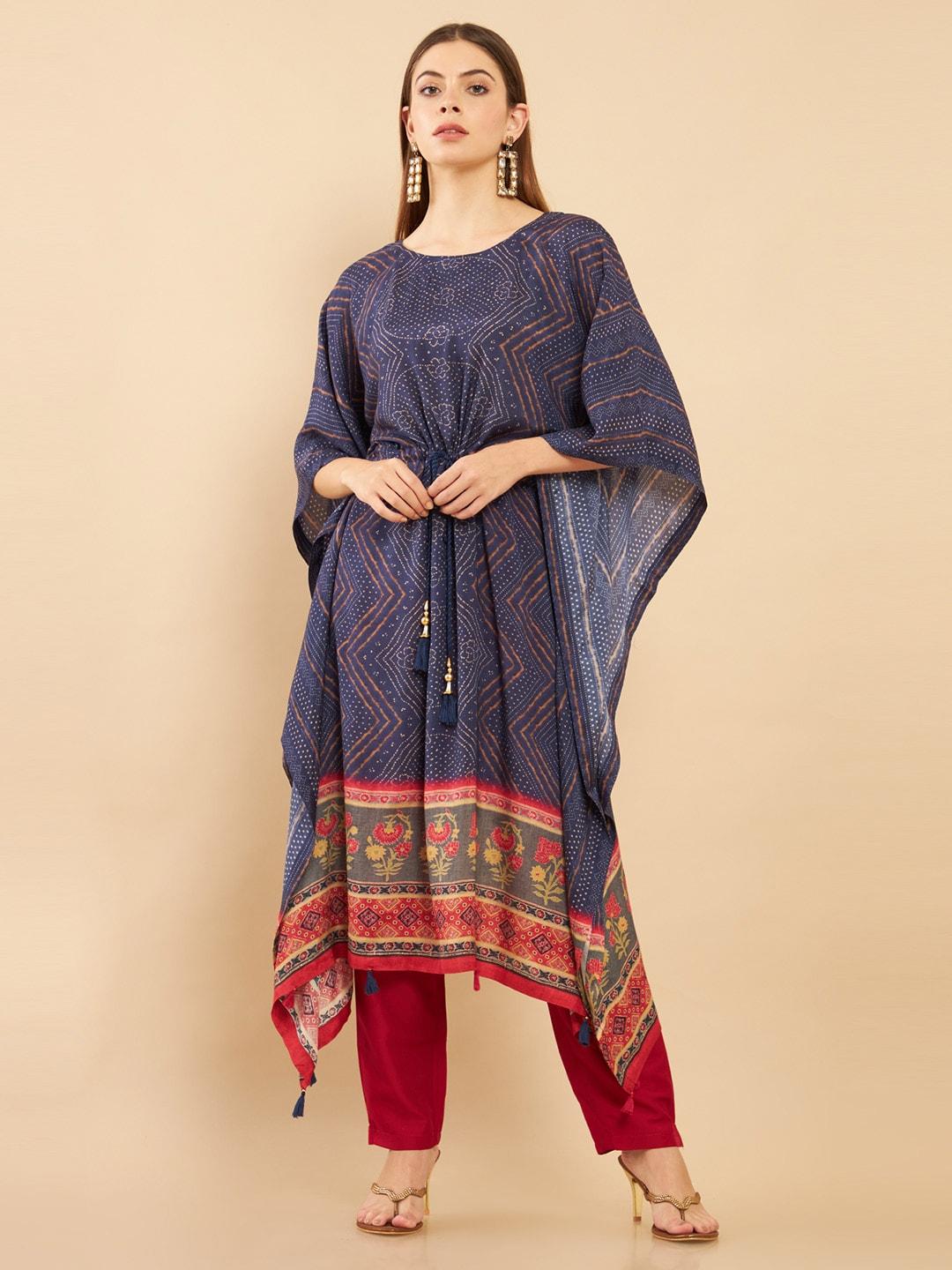 soch women blue ethnic motifs printed muslin kaftan kurta with trousers