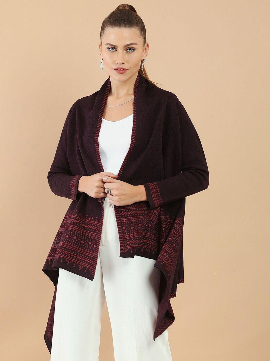 soch women burgundy woven design ethnic asymmetric longline rayon open front shrug