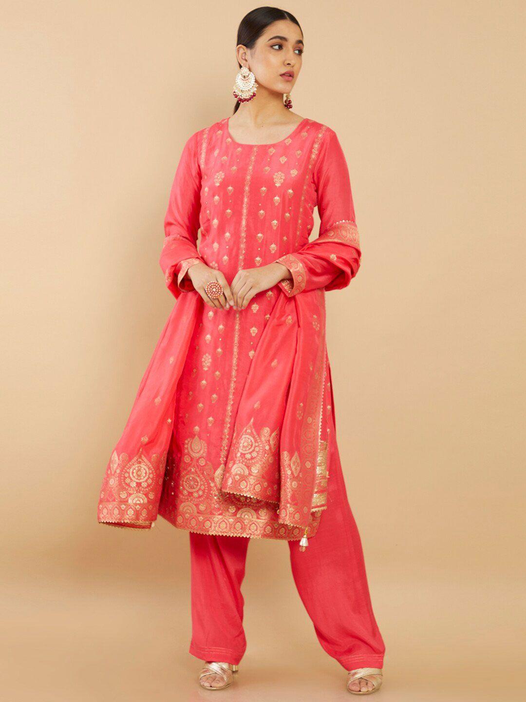 soch women coral & gold-toned woven design unstitched dress material