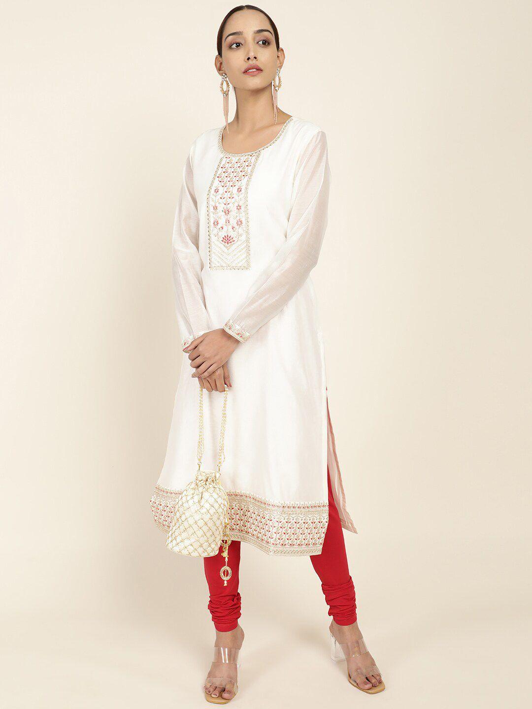 soch women cream-coloured embroidered chanderi silk kurta