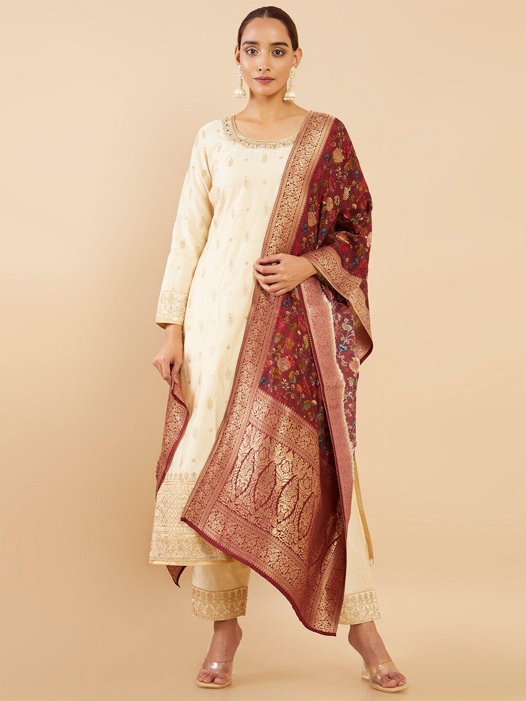 soch women cream-coloured ethnic motifs embroidered sequinned chanderi silk kurta set