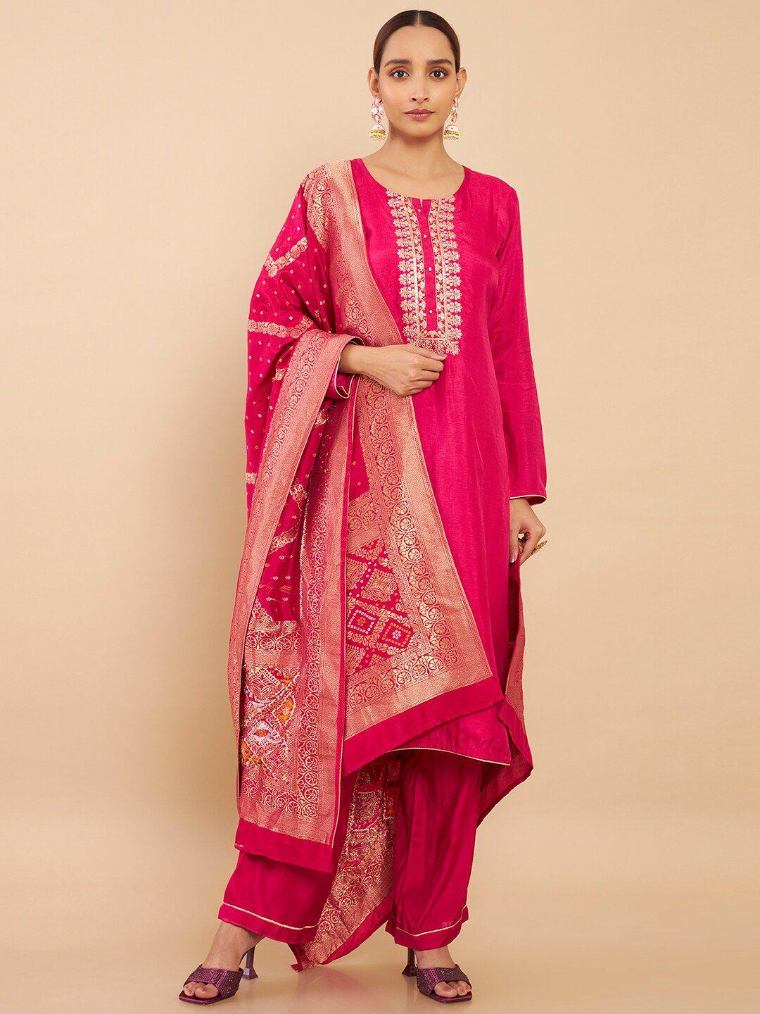 soch women fuchsia & gold-toned embroidered art silk unstitched dress material